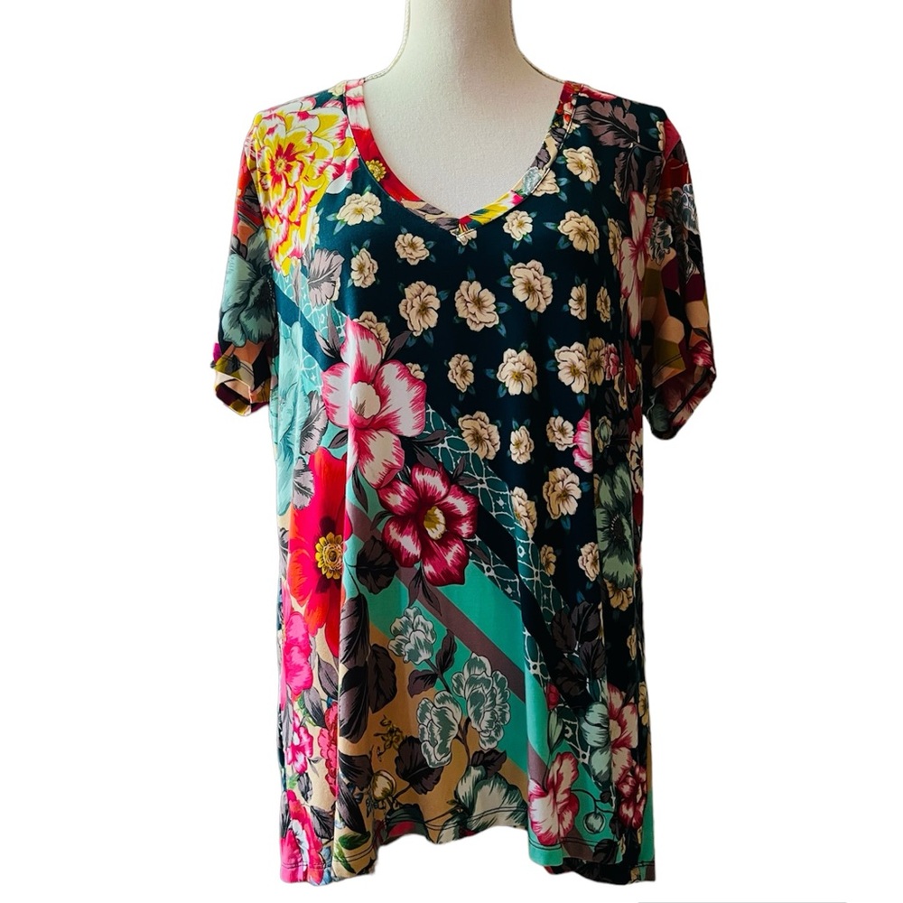 JOHNNY WAS GORGEOUS PULLOVER SHORT SLEEVE FLORAL TOP SIZE XL